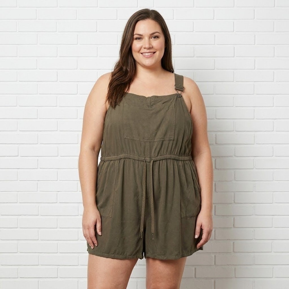 George Romper Womens 3X Olive Green Drawstring Waist Bib‎ Front Utility Casual